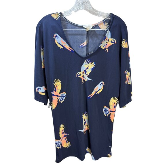 Deletta Navy Bird Print V-Neck Tunic Top With Half Sleeves Womens XS Lightweight - Picture 1 of 8